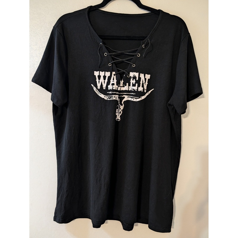 Wallen, Morgan Western Graphic Lace‎ Up V-Neck T-Shirt Black Longhorn Skull 2XL